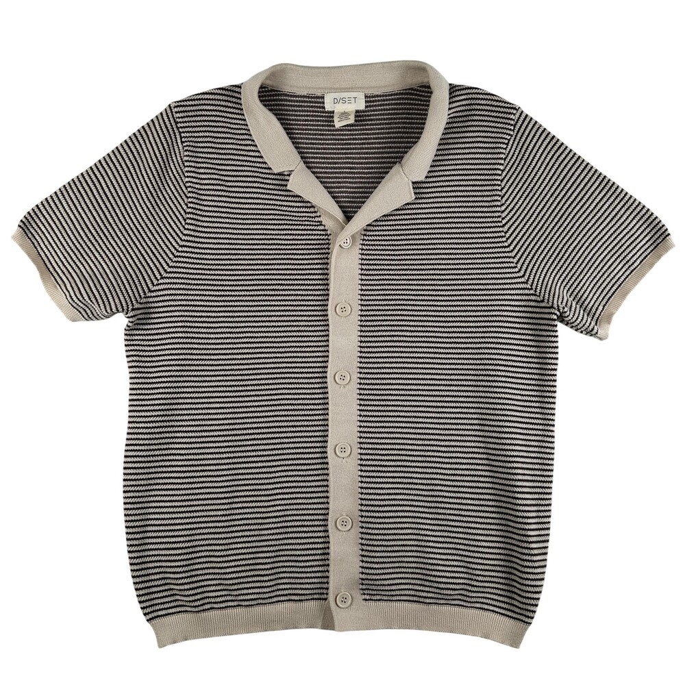 D/SET Cardigan Sweater Womens Large Beige Stripe Collared Button Short Sleeve